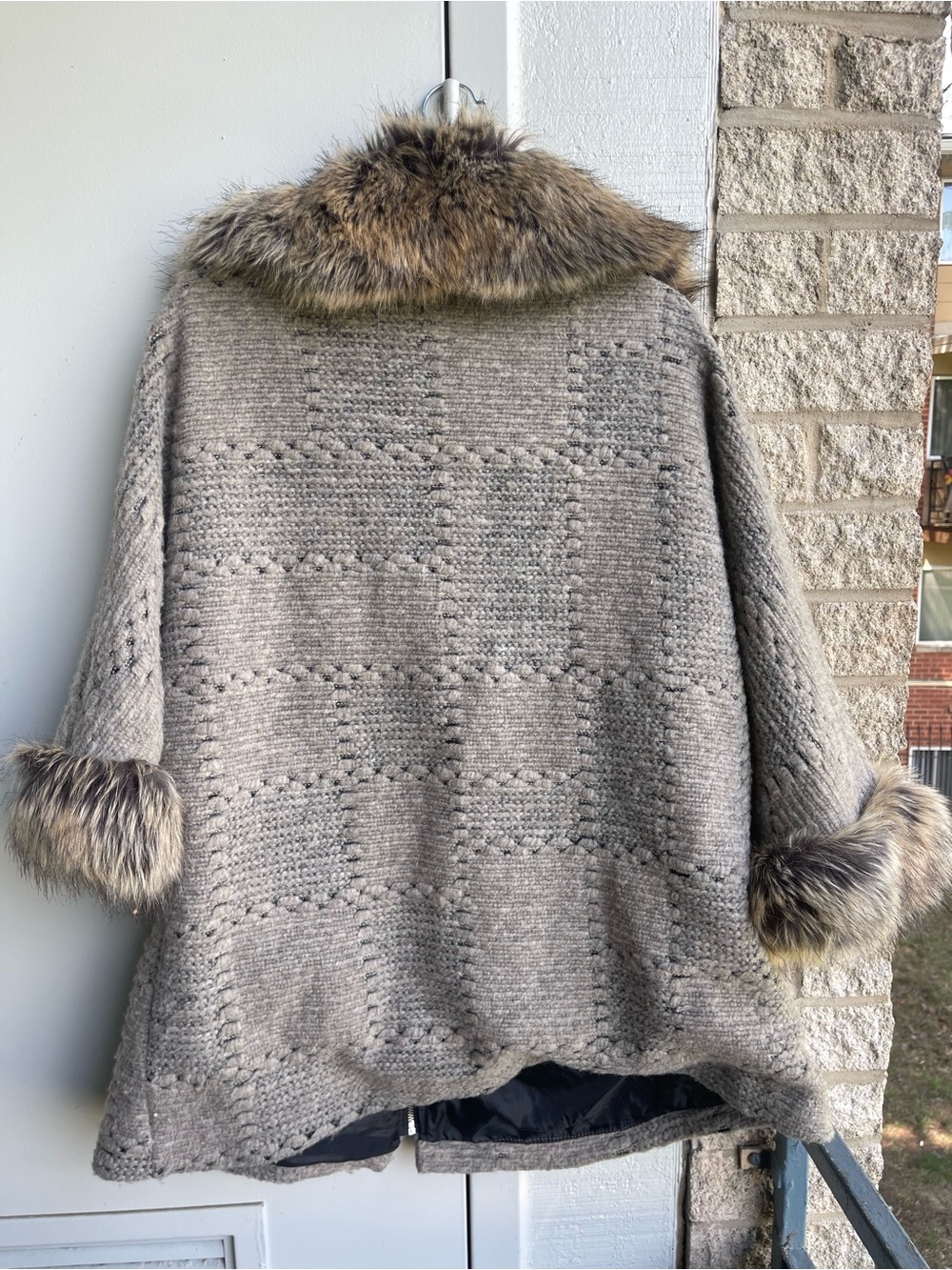 Taupe Knit Zip-Front merino wool Women's Sweater Cape with Faux Fur Trim - Picture 4 of 6
